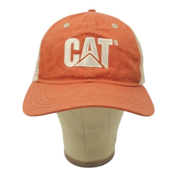 CAT Equipment Embroidered Mesh Strapback Cap Trucker Baseball Hat Orange Tan - Picture 10 of 14